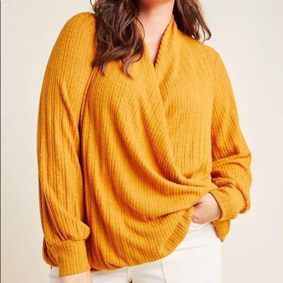 Maeve Anthropologie Size Medium Mustard Yellow Rafela Hacci Long Sleeve Knit Top - Picture 8 of 8